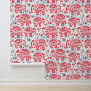 Red Ethnic Elephant Pattern Tapete