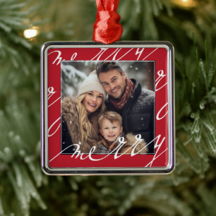 Red Extravagant Script "Merry Christmas Foto" Ornament Aus Metall