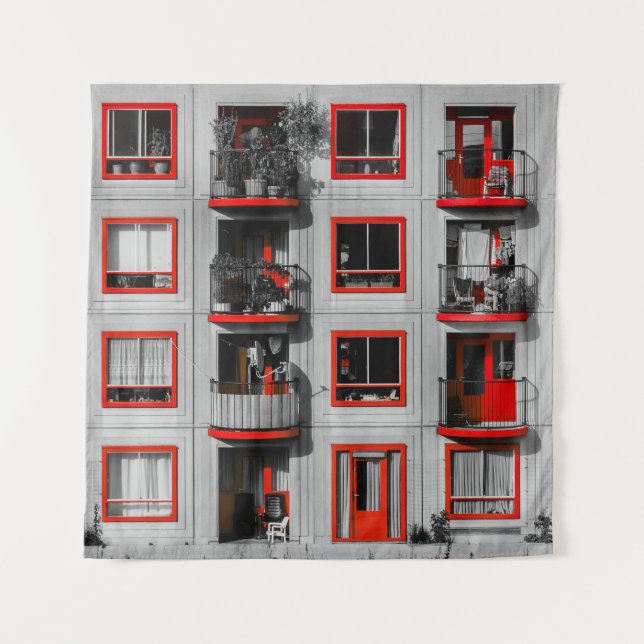 Red Facade Zuidoost Balcony Gebäude Fotografie Wandteppich (Vorderseite)