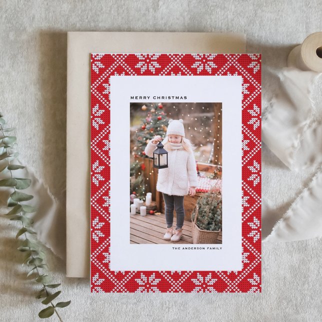 Red Fair Isle Strick Pattern Foto Weihnachten (Red Fair Isle Knit Pattern Photo Christmas Holiday Card)