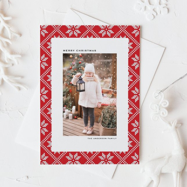 Red Fair Isle Strick Pattern Foto Weihnachten (Red Fair Isle Knit Pattern Photo Christmas Holiday Card)