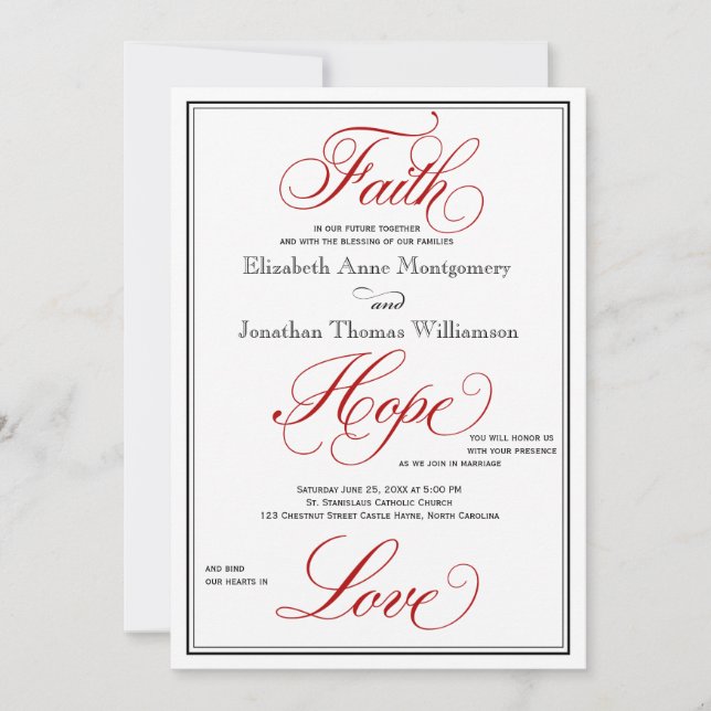Red Faith Hope Liebe Calligraphy Weditation Einlad Einladung (Vorderseite)