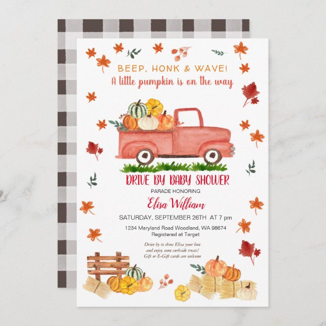 Red Fall Truck Pumpkin Herbstantrieb mit Babydusch Einladung (Vorne/Hinten)