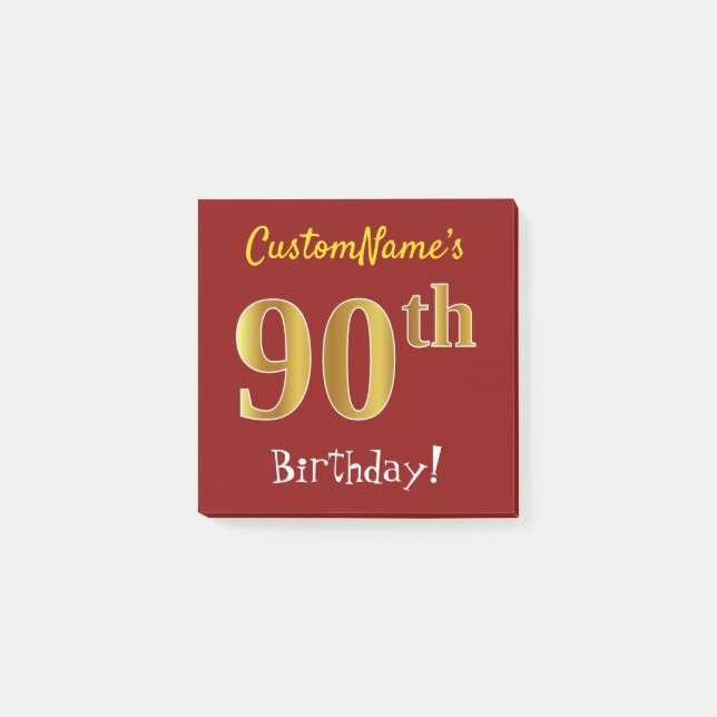 Red, Falsch Gold 90th Birthday, With Custom Name Post-it Klebezettel (Vorderseite)