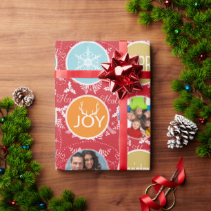 Red Family Foto Reindeer Christmas Merry Bright Geschenkpapier