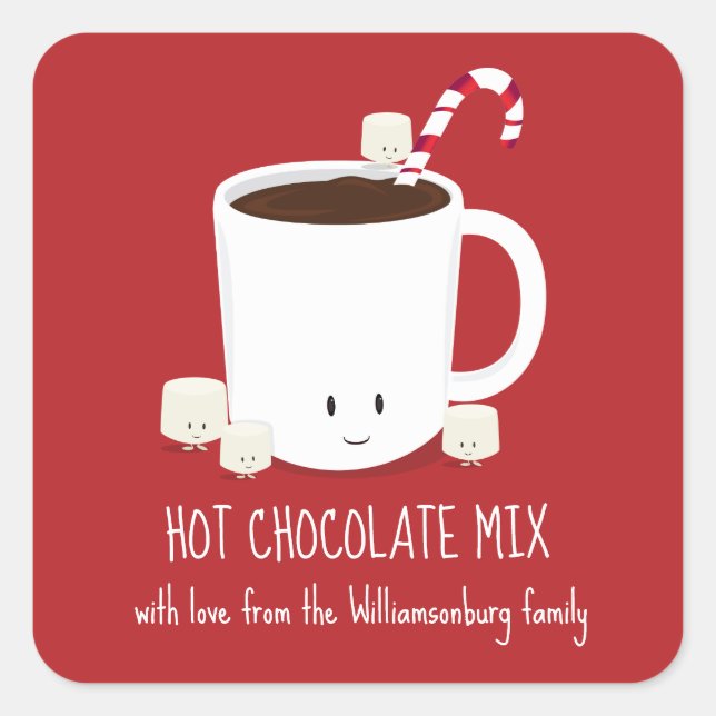 Red Family Name Hot Chocolate Mix Weihnachten Quadratischer Aufkleber (Vorderseite)