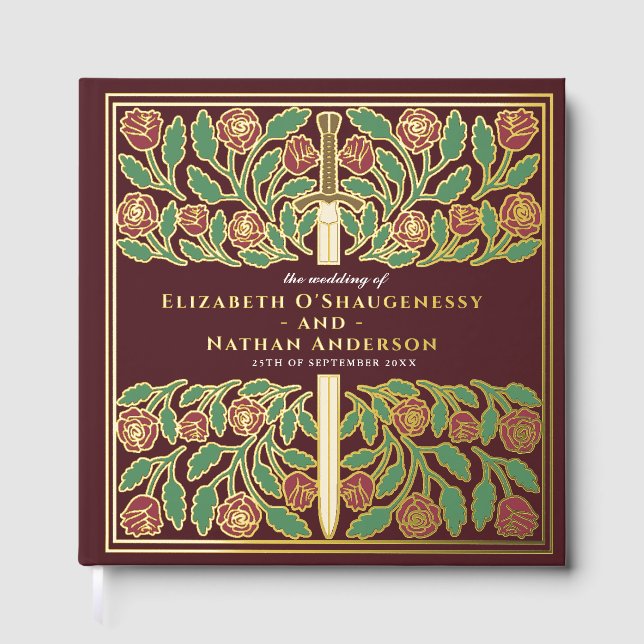 Red Fantasy Royal Medieval Sword Wedding Gästebuch (Vorderseite)