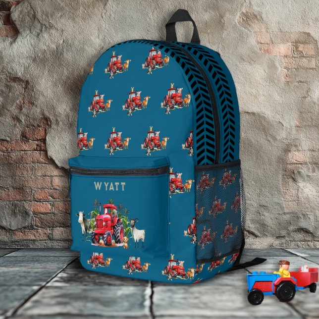 Red Farm Tractors Kids Personalized Teal Blue Bedruckter Rucksack (Von Creator hochgeladen)