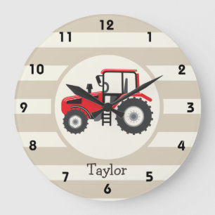 Red Farm Traktor auf Tan Stripes Große Wanduhr