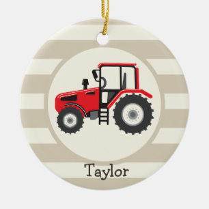 Red Farm Traktor auf Tan Stripes Keramik Ornament