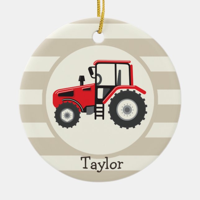 Red Farm Traktor auf Tan Stripes Keramik Ornament (Vorne)