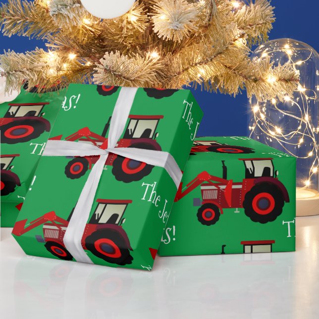 Red Farm Traktoren auf Green Christmas Wrapping Pa Geschenkpapier (Feiertage)