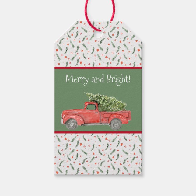 Red Farm Truck Holly Muster Weihnachtsgeschenk Tag Geschenkanhänger (Vorderseite)
