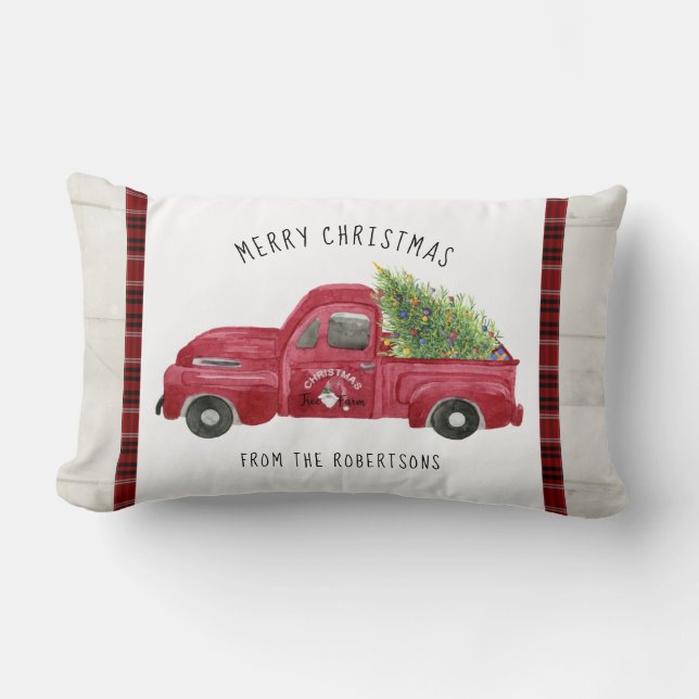 Red Farm Truck Rustikales Holz Frohe Weihnachtsbau Lendenkissen (Vorderseite)
