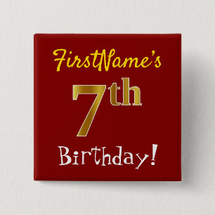 Red, Faux Gold 7th Birthday, With Custom Name Button