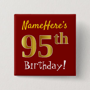 Red, Faux Gold 95th Birthday, With Custom Name Button