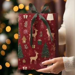 Red Festive Christmas Whimsical Pattern Gift Bag Mittlere Geschenktüte