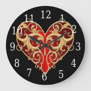Red Filigree Heart Clock Große Wanduhr