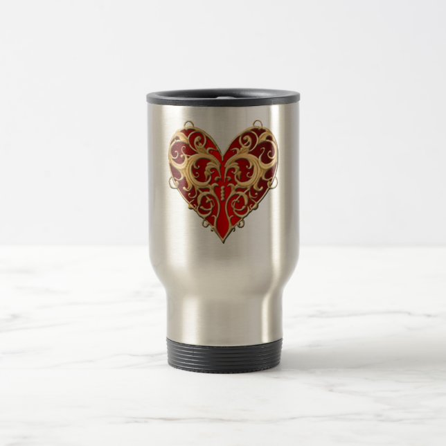 Red Filigree Herz Travel Mug Reisebecher (Mittel)