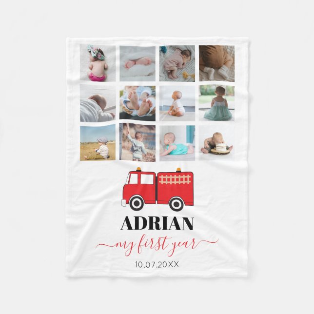 Red Fire Truck Baby First Year Foto Collage Fleecedecke (Vorderseite)