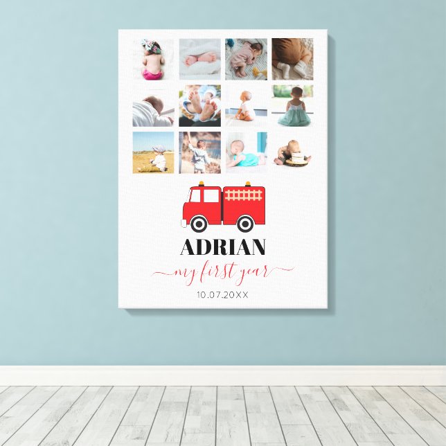 Red Fire Truck Baby First Year Foto Collage Leinwanddruck (Insitu (Holzboden))