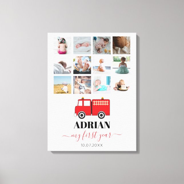 Red Fire Truck Baby First Year Foto Collage Leinwanddruck (Vorderseite)