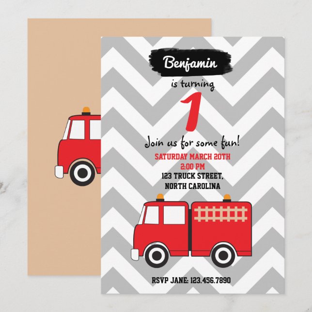 Red Fire Truck Birthday Einladung für Junge oder M (Vorne/Hinten)