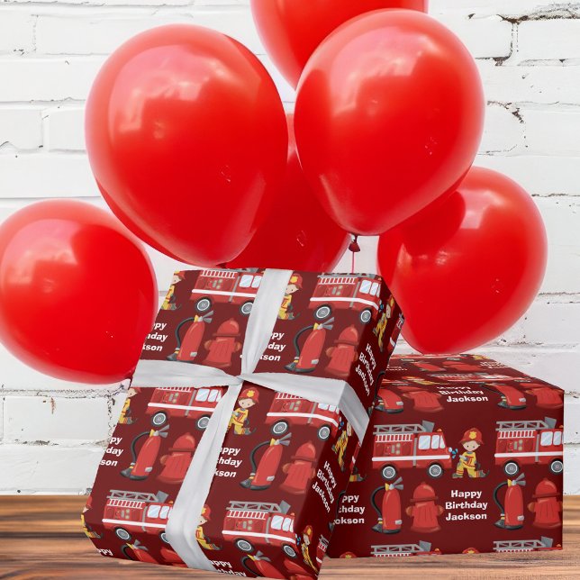 Red Fire Truck Custom Kids Feuerbekämpfung Geburts Geschenkpapier (Von Creator hochgeladen)