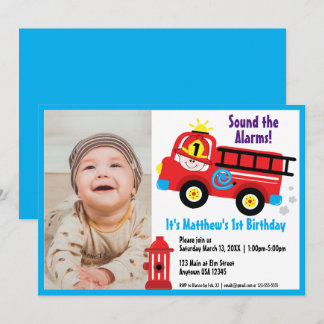 Red Fire Truck Happy Fireman Niedlicher Cartoon Ze Einladung