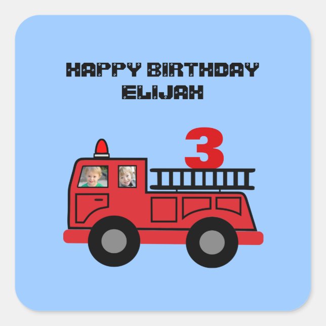 Red Fire Truck Kid's Birthday Foto Custom Party Quadratischer Aufkleber (Vorderseite)