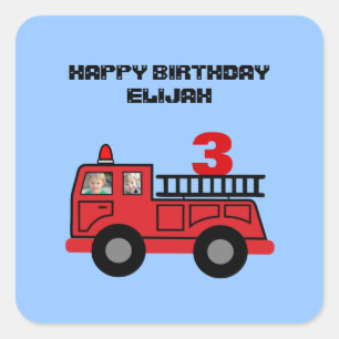 Red Fire Truck Kid's Birthday Foto Custom Party Quadratischer Aufkleber