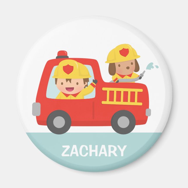 Red Fire Truck mit Feuerwehrmann und Welpe Magnet (Vorne)