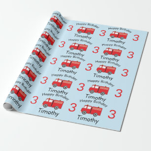 Red Fire Truck Pattern Boy's Name & Age Birthday Geschenkpapier