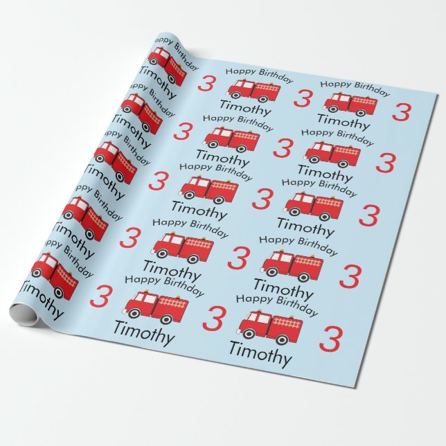 Red Fire Truck Pattern Boy's Name & Age Birthday Geschenkpapier (Ungerollt)