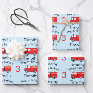 Red Fire Truck Pattern Boy's Name & Age Birthday Geschenkpapier Set