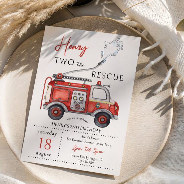 Red Fire Truck Two The Rescue 2nd Birthday Einladung (2nd Birthday Red Fire Truck Invitation for your little hero "Two the Rescue")