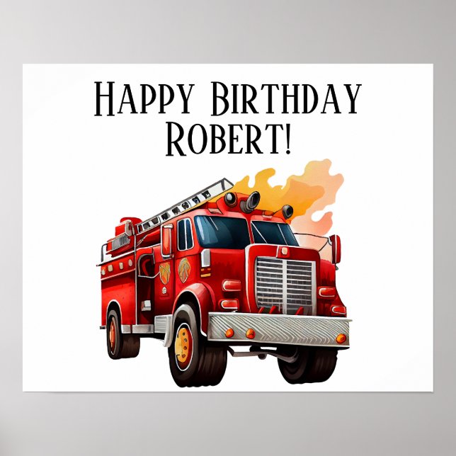 Red Fireruck Child's Happy Birthday Name Poster (Vorne)