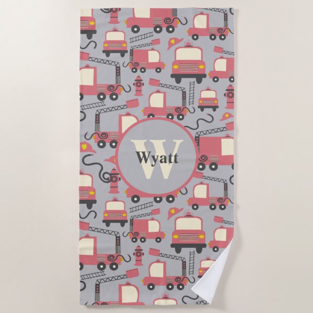 Red Firetrucks Feuerwehrmann Kinder Personalisiert Strandtuch (Vorderseite)