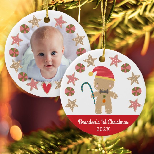 Red First Christmas Baby Foto Gingerbread Boy Keramik Ornament (Von Creator hochgeladen)
