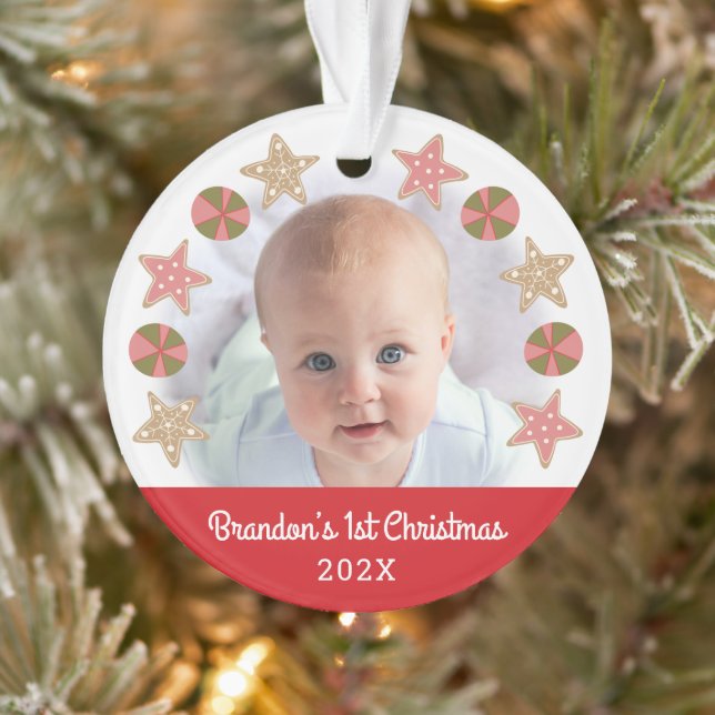 Red First Christmas Baby Foto Gingerbread Boy Ornament (Baum)