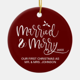 Red First Christmas Verheiratet und Merry Foto Keramik Ornament