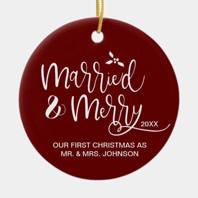 Red First Christmas Verheiratet und Merry Foto Keramik Ornament (Vorne)
