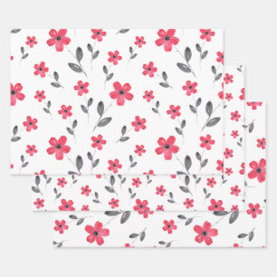 Red Five Petal Watercolor-Blume Geschenkpapier Set