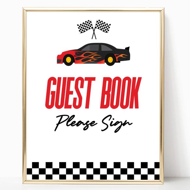 Red Flame Race Car Guest Book Party Sign Poster (Von Creator hochgeladen)