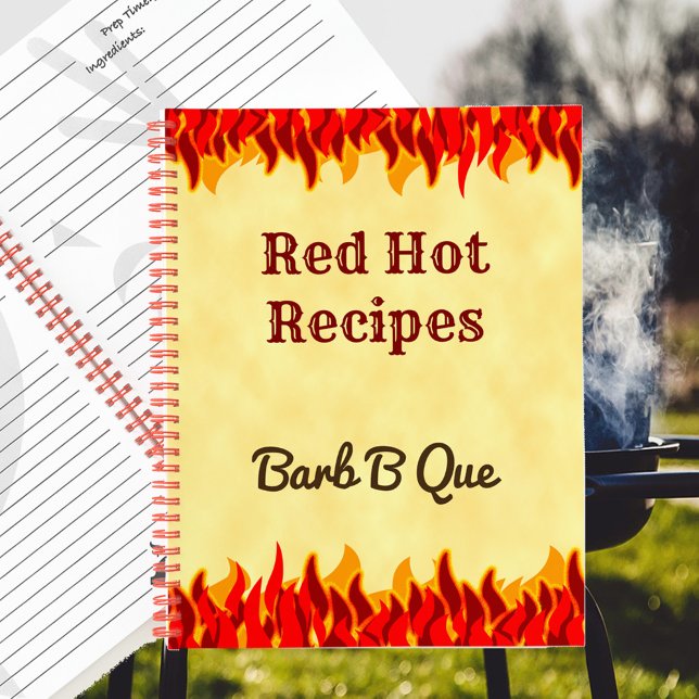 Red Flames Editable Retro GRILLEN Rezept Notizbuch (Red Flames Hot Recipe Spiral notebook)