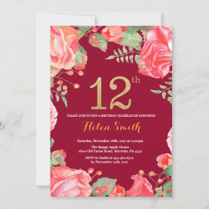 Red Floral 12. Geburtstag Gold Glitzer Burgund Red Einladung
