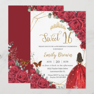 Red Floral 16 . Geburtstag Birthday Princess Crown Einladung