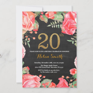 Red Floral 20. Geburtstag Einladung Gold Glitzer