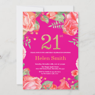 Red Floral 21. Geburtstag Gold Glitzer und Hot Pin Einladung
