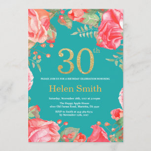 Red Floral 30. Geburtstag Gold Glitzer und Aquamar Einladung